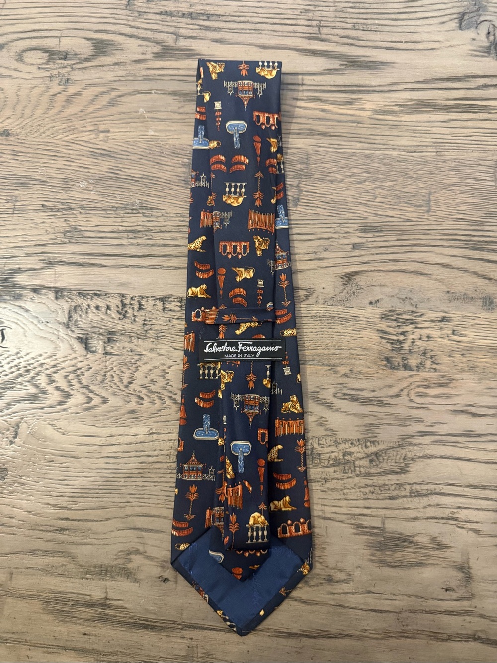 Salvatore Ferragamo Navy Silk Tie with Orange and Light Blue Motifs